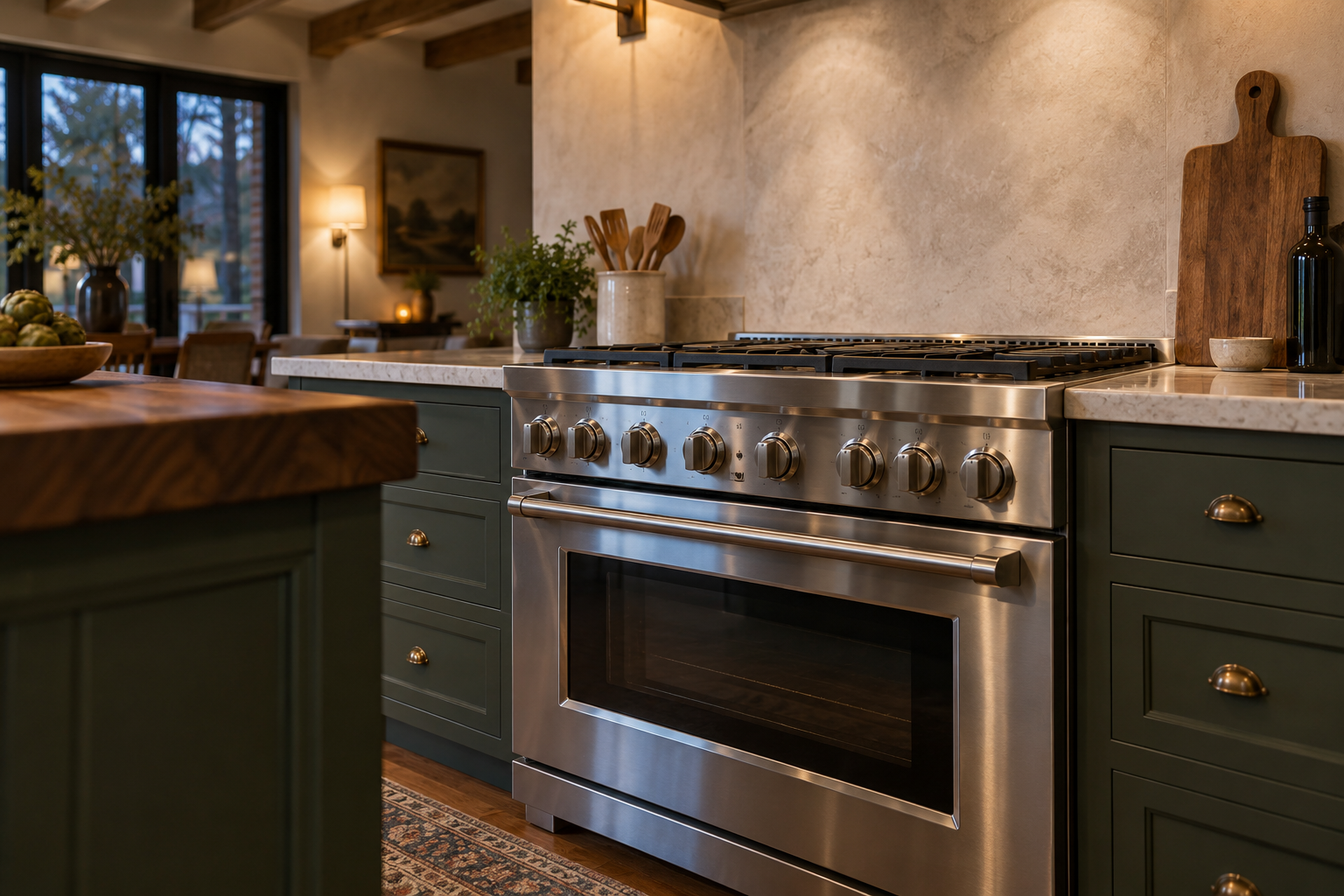 Illustrative Monogram range in a residential kitchen — AI image for Sub-Zero Repair Lewisboro