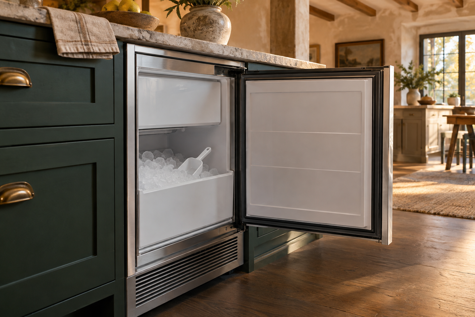 Illustrative Sub-Zero ice maker in a residential kitchen — AI image for Sub-Zero Repair Lewisboro