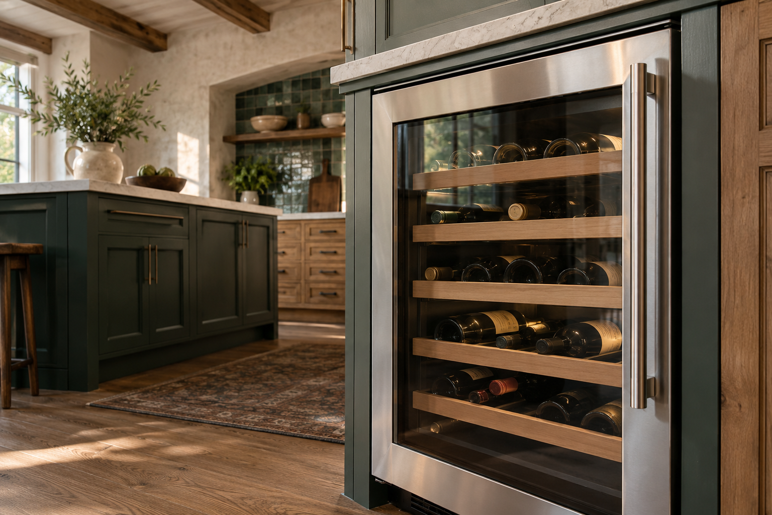Illustrative Monogram wine cooler in a residential kitchen — AI image for Sub-Zero Repair Lewisboro