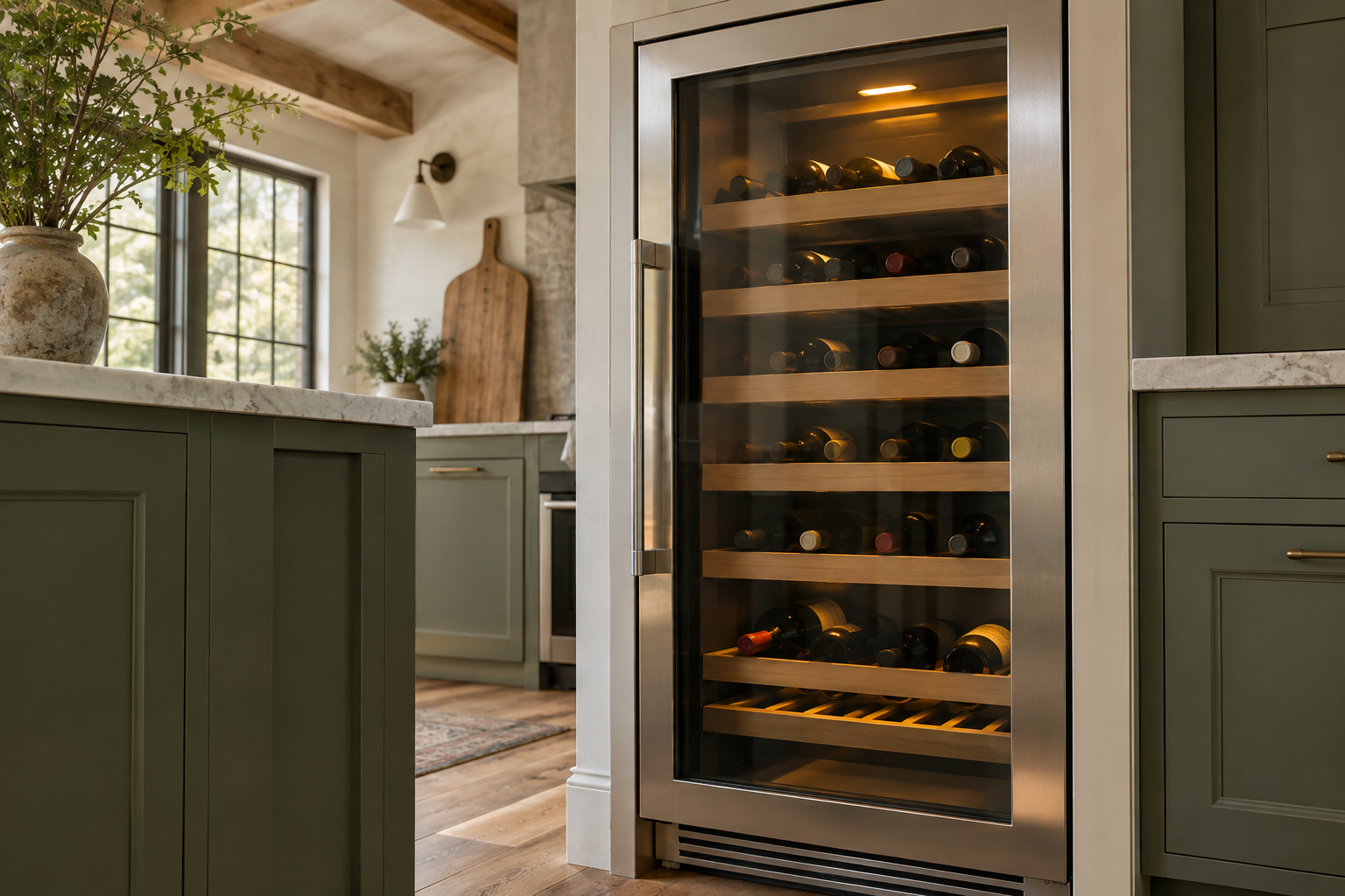Illustrative Sub-Zero wine cooler in a residential kitchen — AI image for Sub-Zero Repair Lewisboro